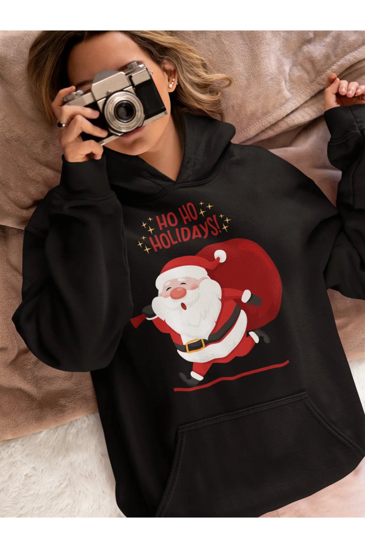 Unisex Merry Chirstmas Holidays Baskılı Oversize Kapüşonlu Sweatshirt Hoodie